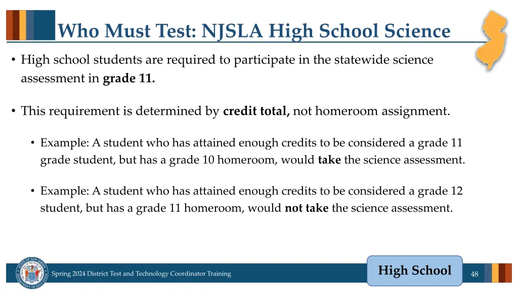 who must test njsla high school science