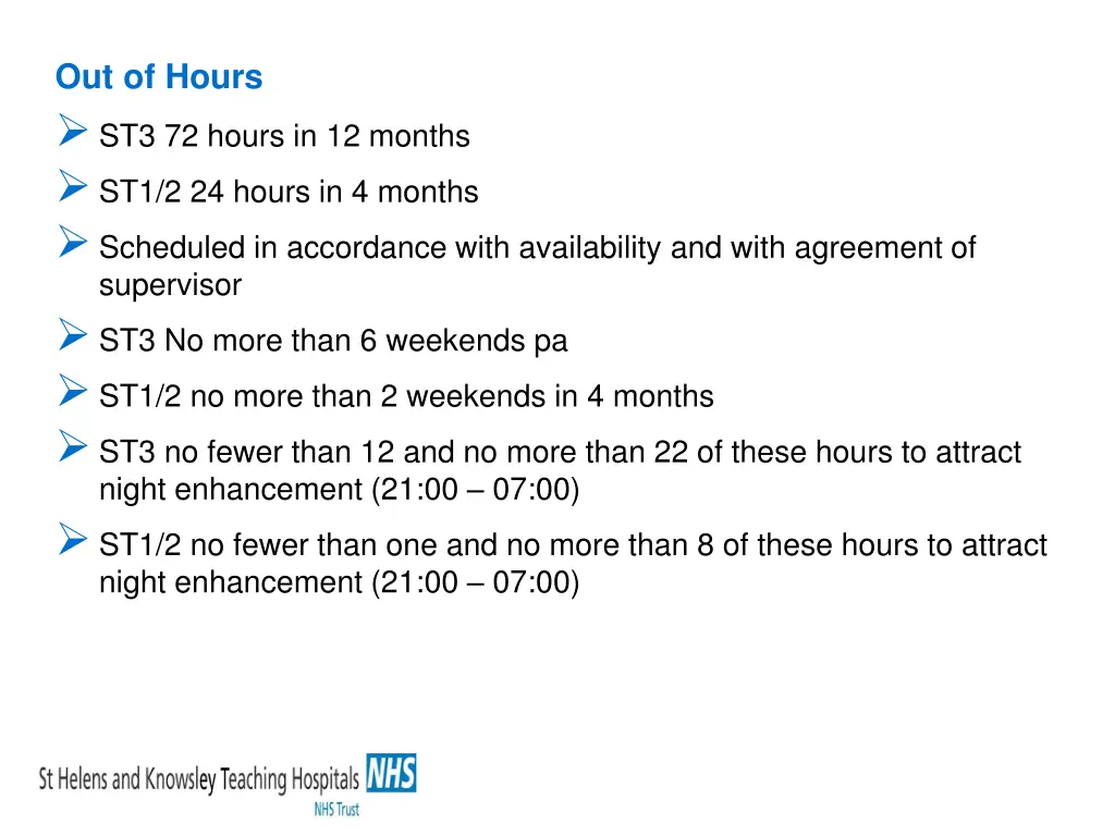 out of hours st3 72 hours in 12 months