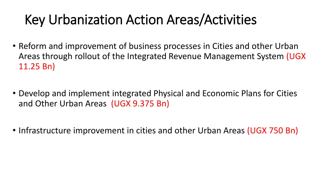 key urbanization action areas activities