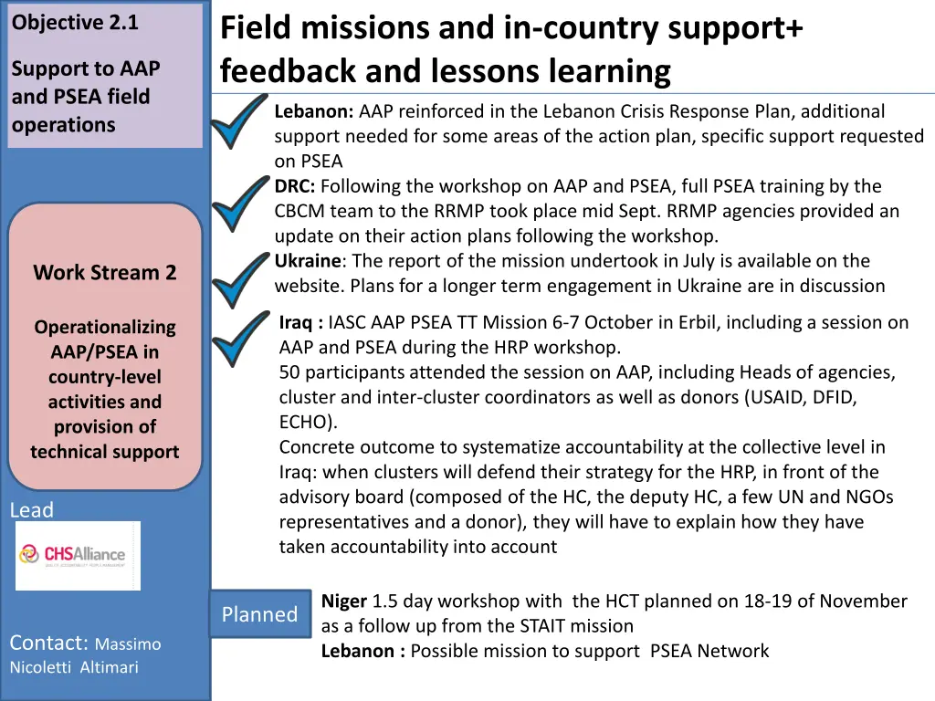 field missions and in country support feedback