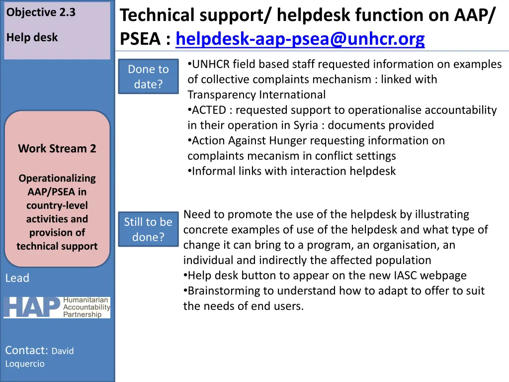 technical support helpdesk function on aap psea