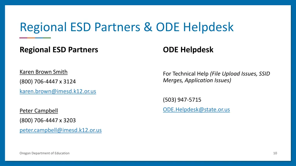 regional esd partners ode helpdesk