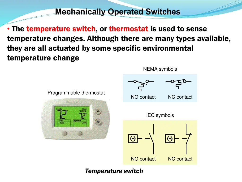 the temperature switch or thermostat is used