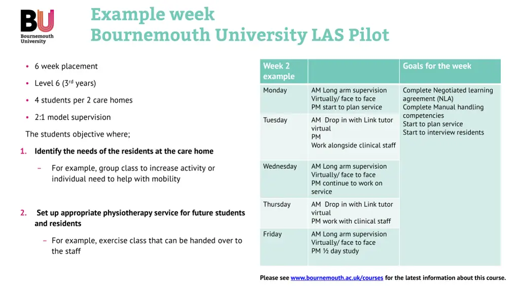 example week bournemouth university las pilot