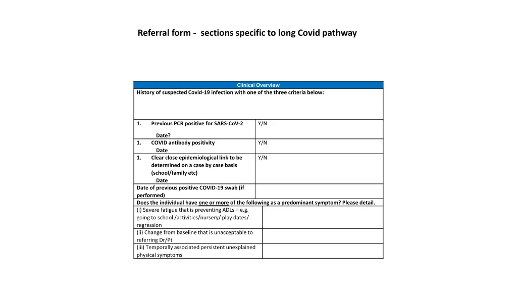 referral form sections specific to long covid