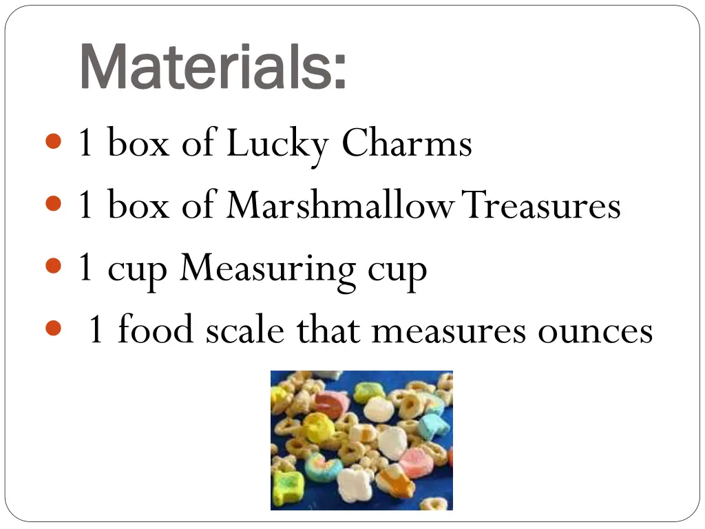 materials materials 1 box of lucky charms