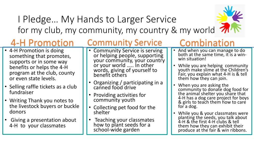 i pledge my hands to larger service for my club