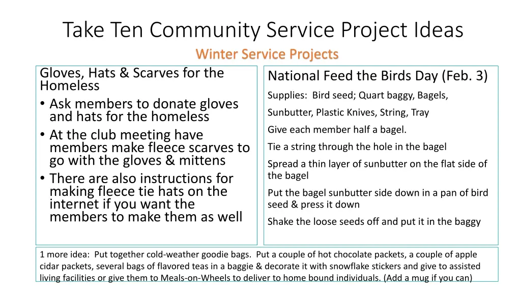 take ten community service project ideas winter