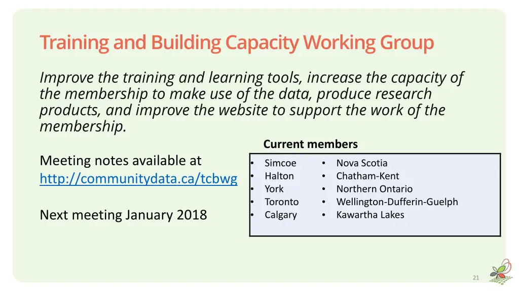 training and building capacity working group