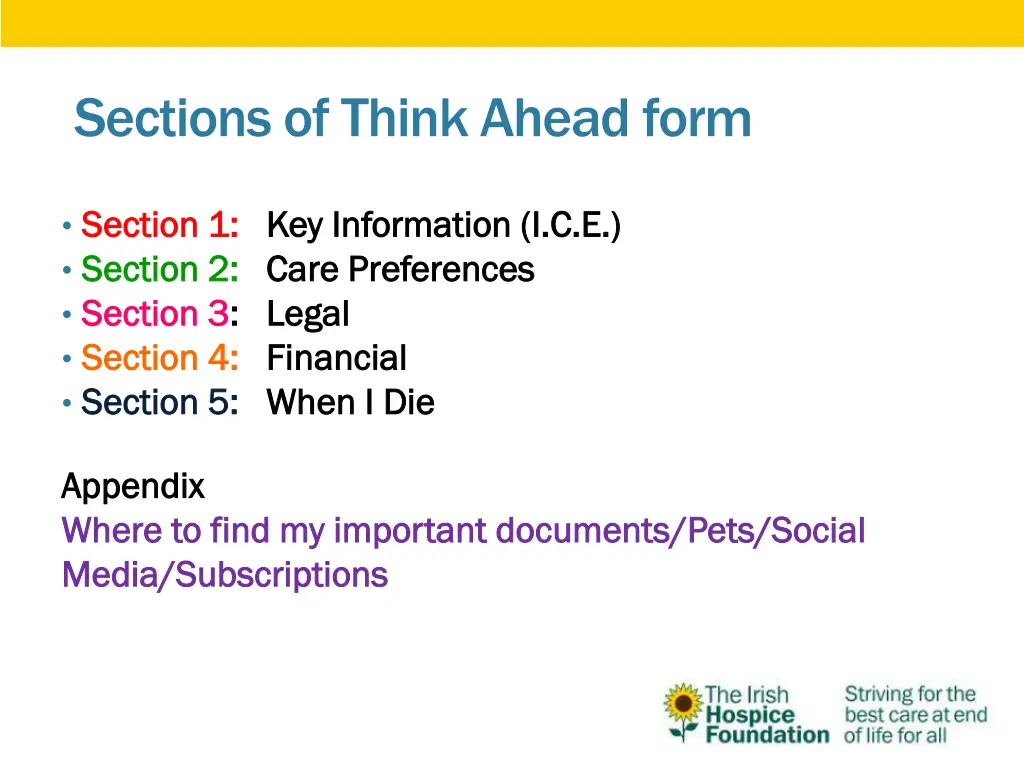 sections of think ahead form