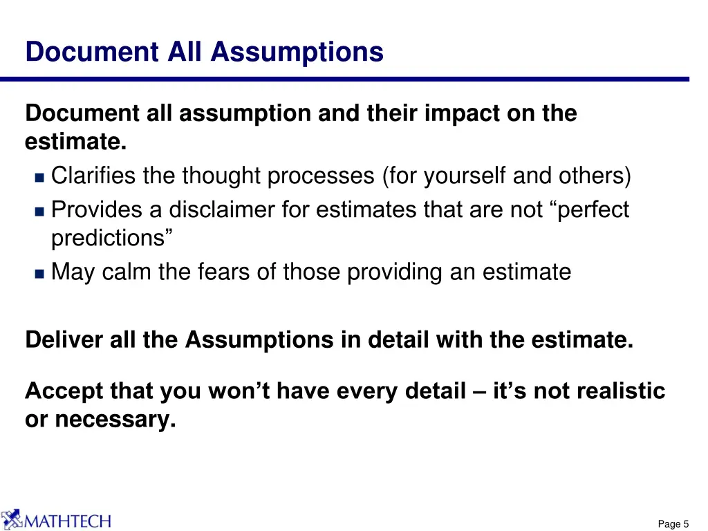 document all assumptions