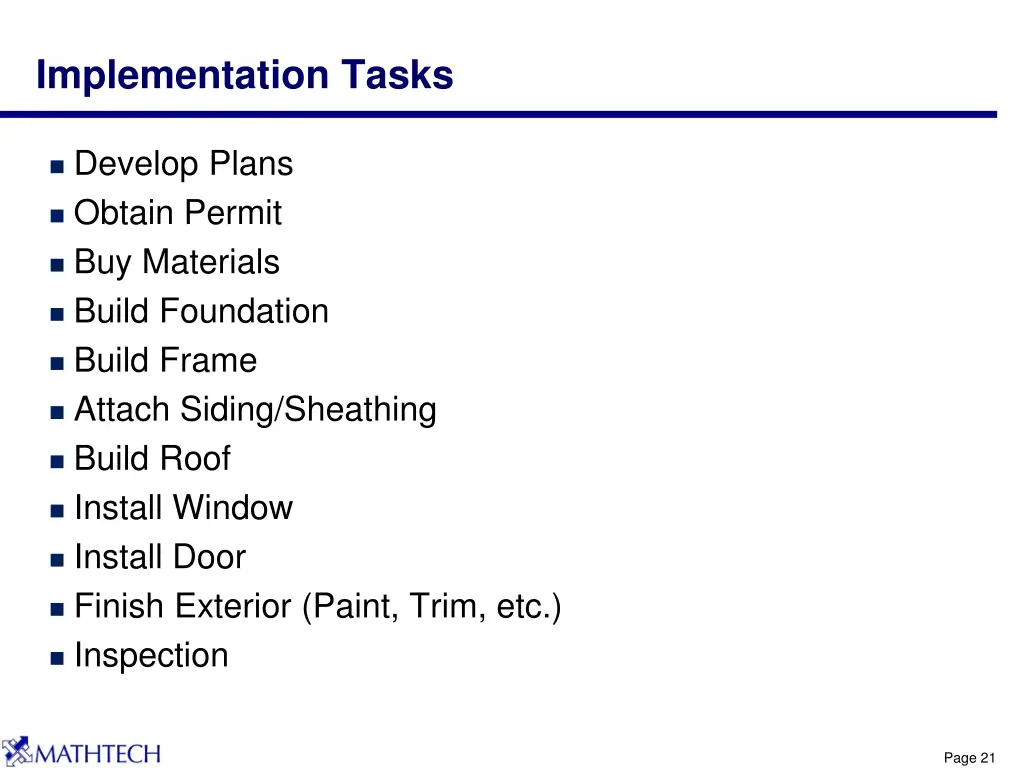 implementation tasks