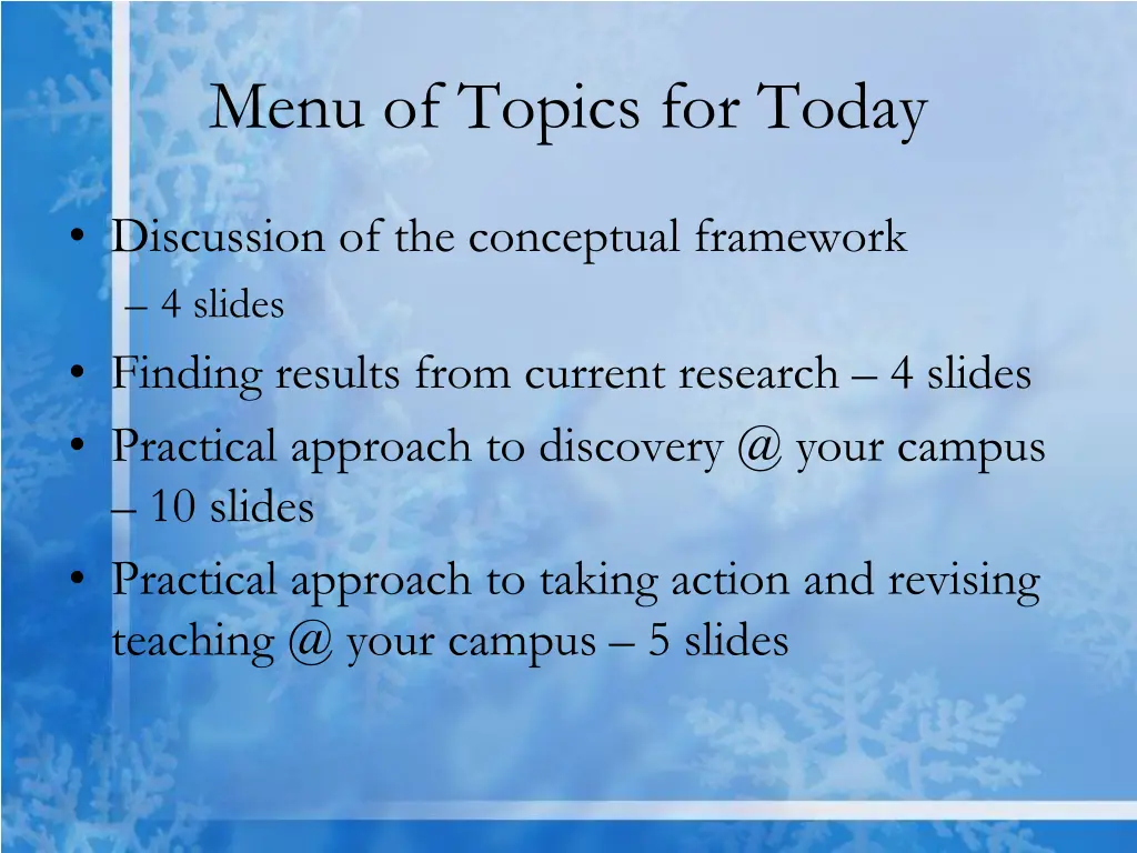 menu of topics for today