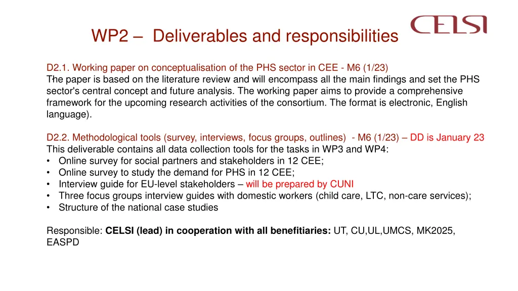 wp2 deliverables and responsibilities