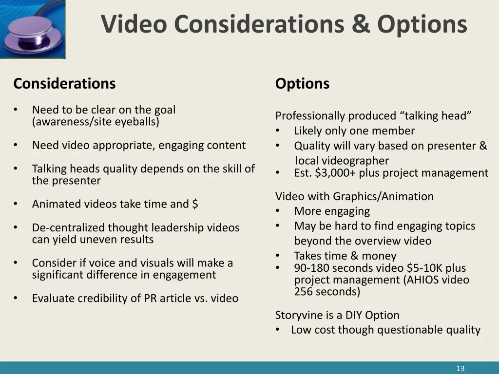 video considerations options