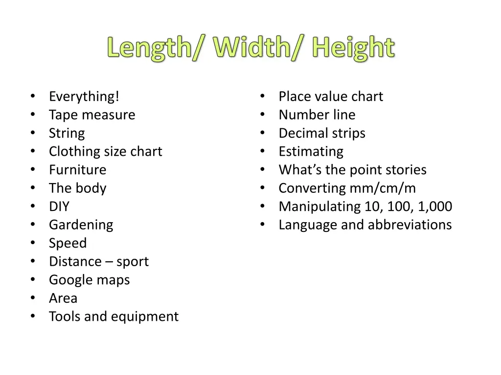 length width height