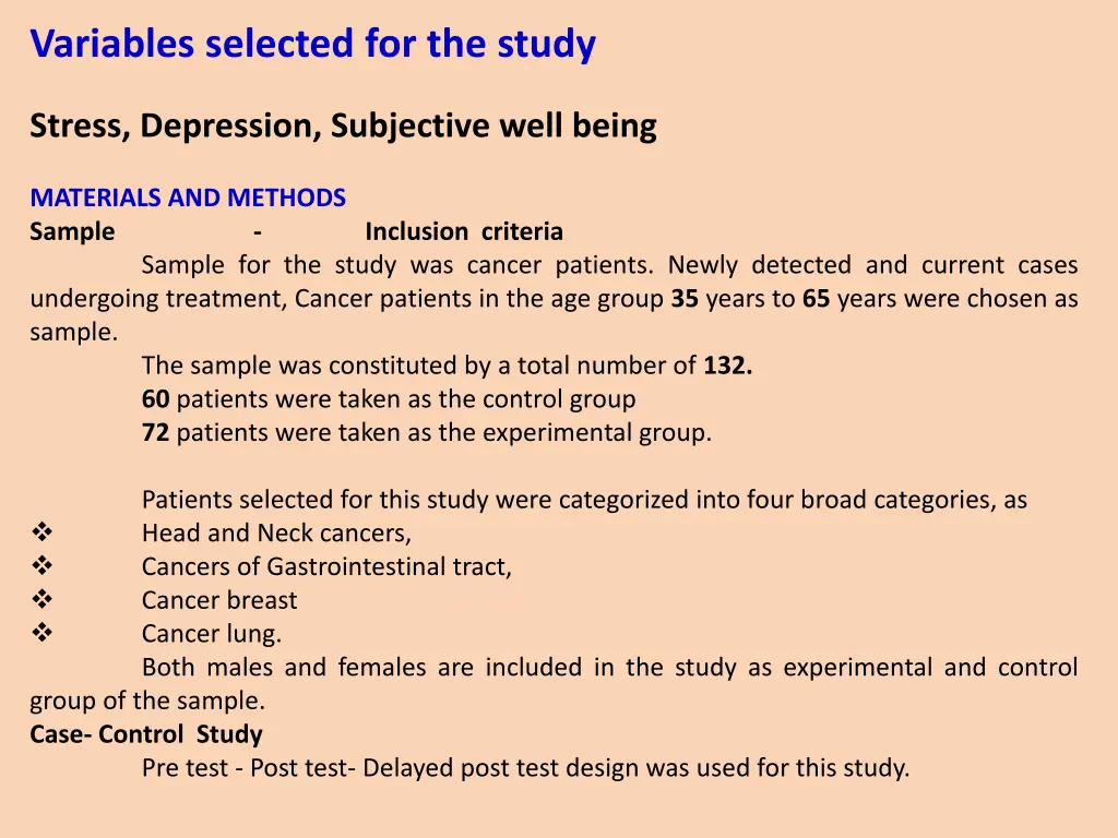 variables selected for the study