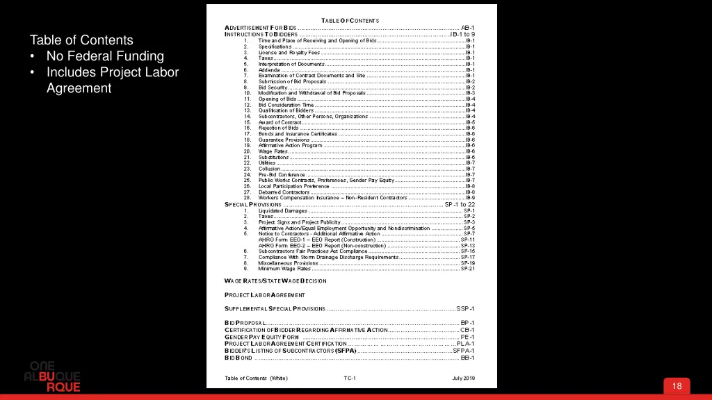 table of contents no federal funding includes