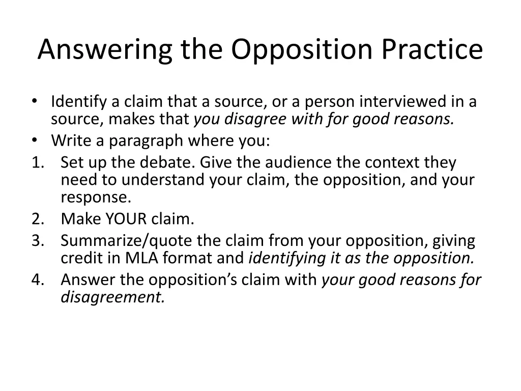 answering the opposition practice