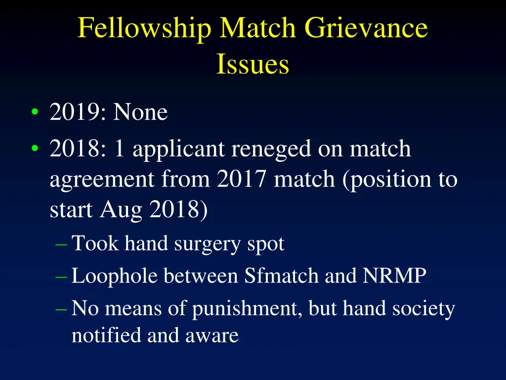 fellowship match grievance issues