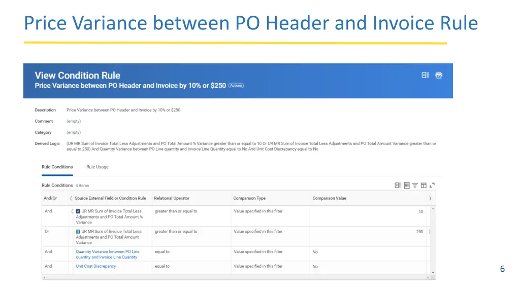 price variance between po header and invoice rule