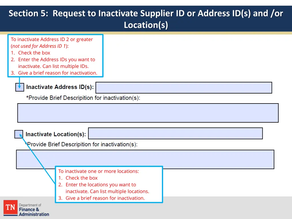 section 5 request to inactivate supplier 1