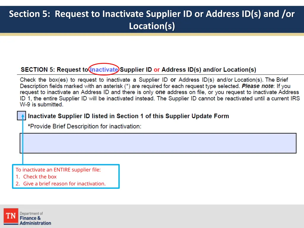 section 5 request to inactivate supplier