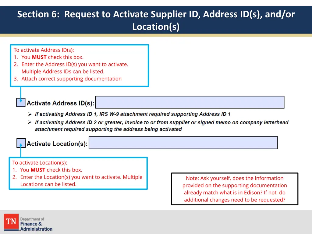 section 6 request to activate supplier id address 1