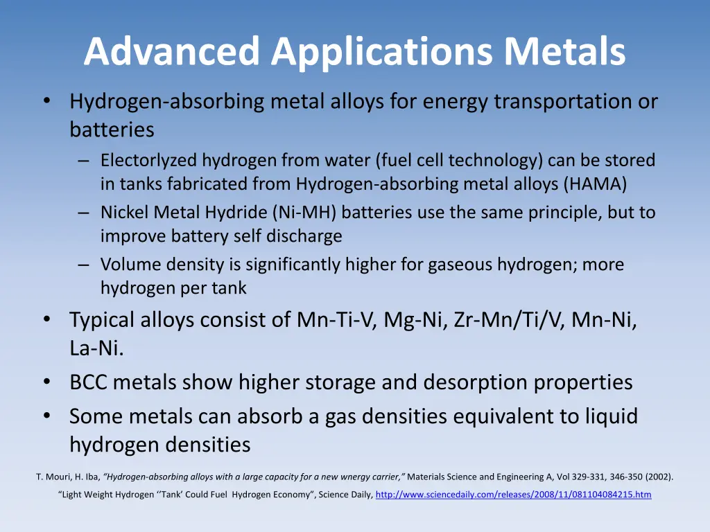 advanced applications metals hydrogen absorbing