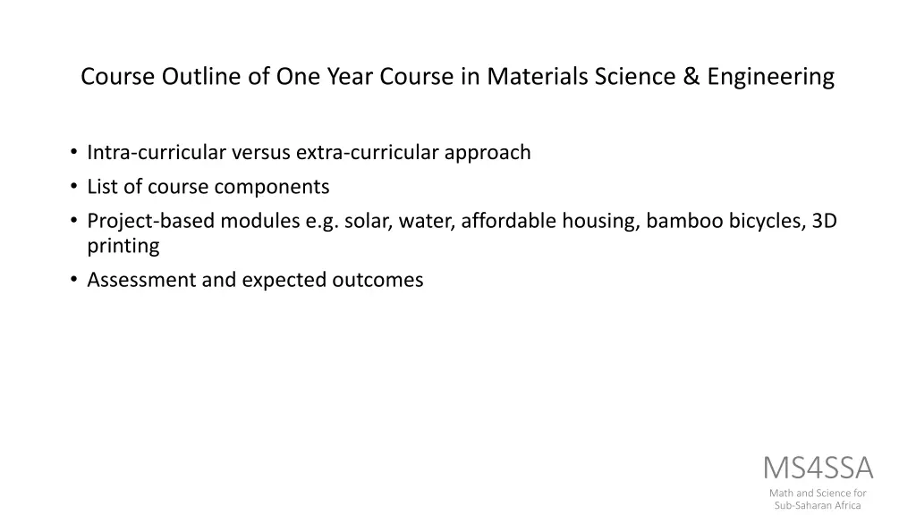 course outline of one year course in materials