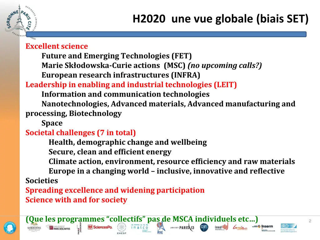 h2020 une vue globale biais set