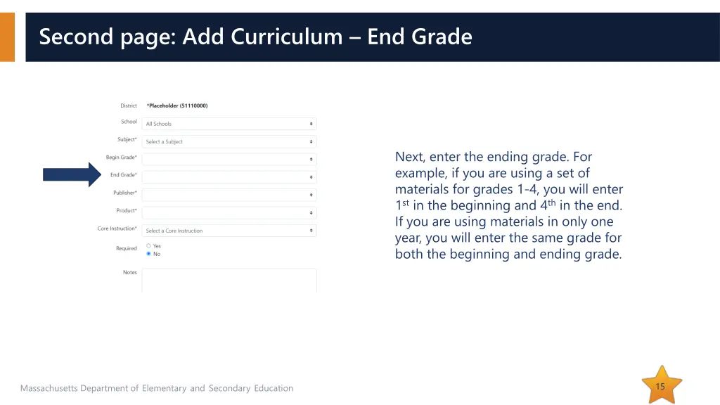 second page add curriculum end grade