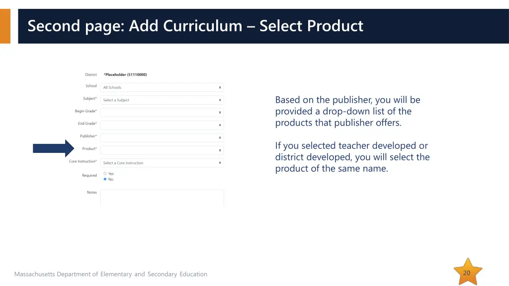 second page add curriculum select product