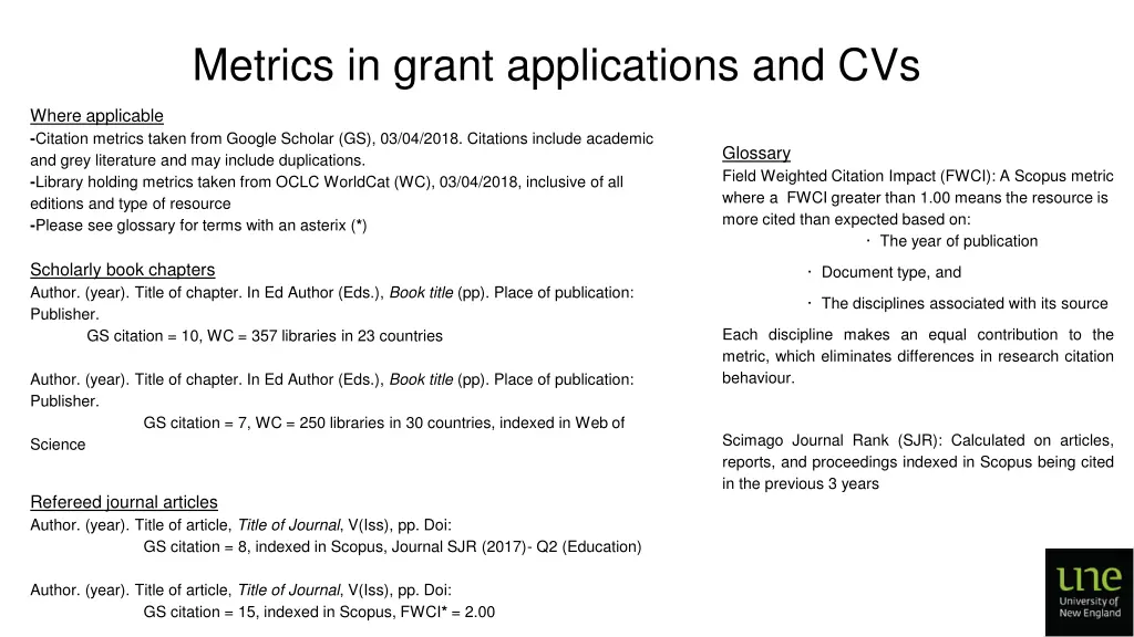 metrics in grant applications and cvs