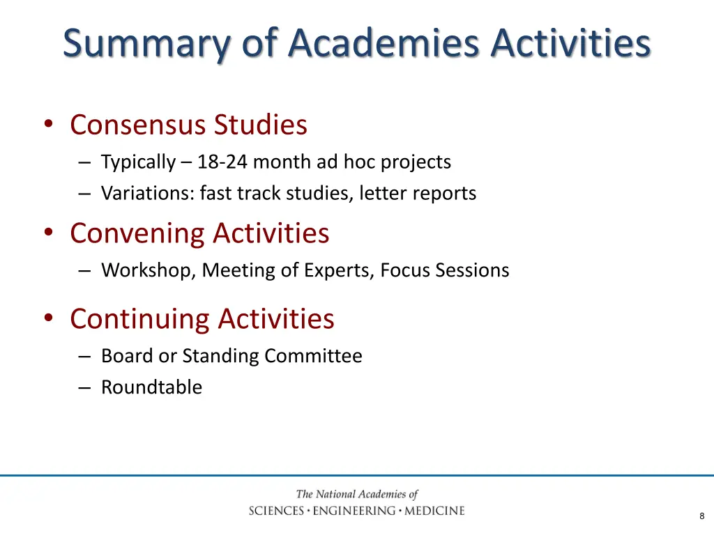 summary of academies activities