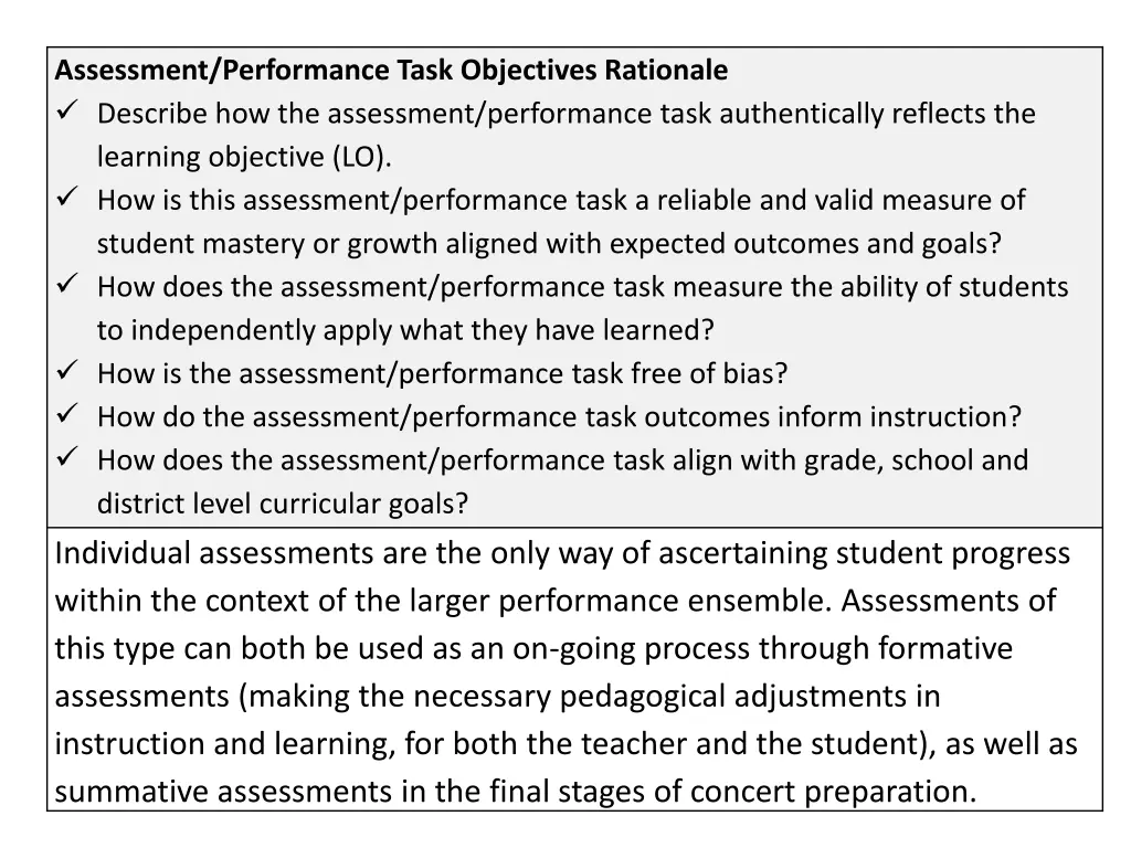 assessment performance task objectives rationale