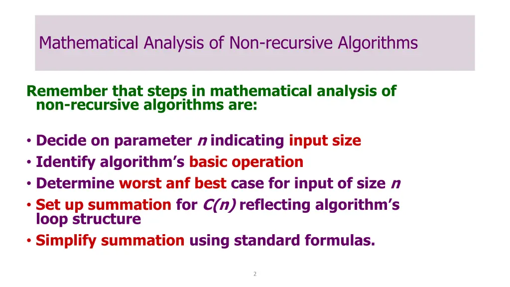 mathematical analysis of non recursive algorithms