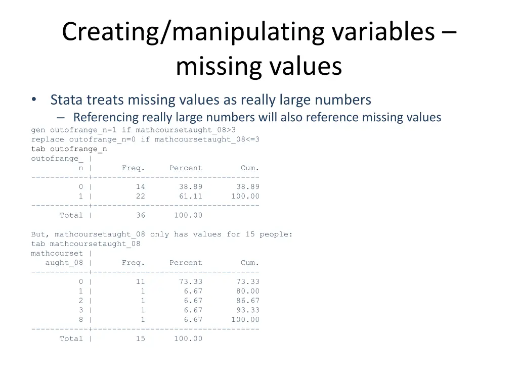 creating manipulating variables missing values