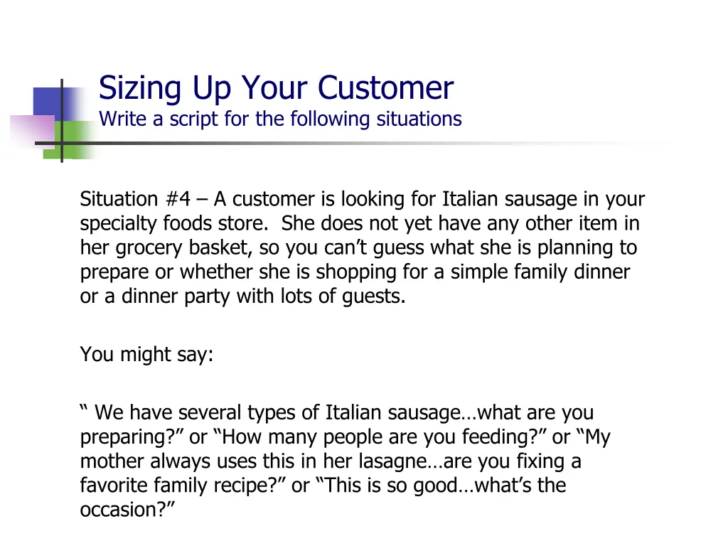 sizing up your customer write a script 1