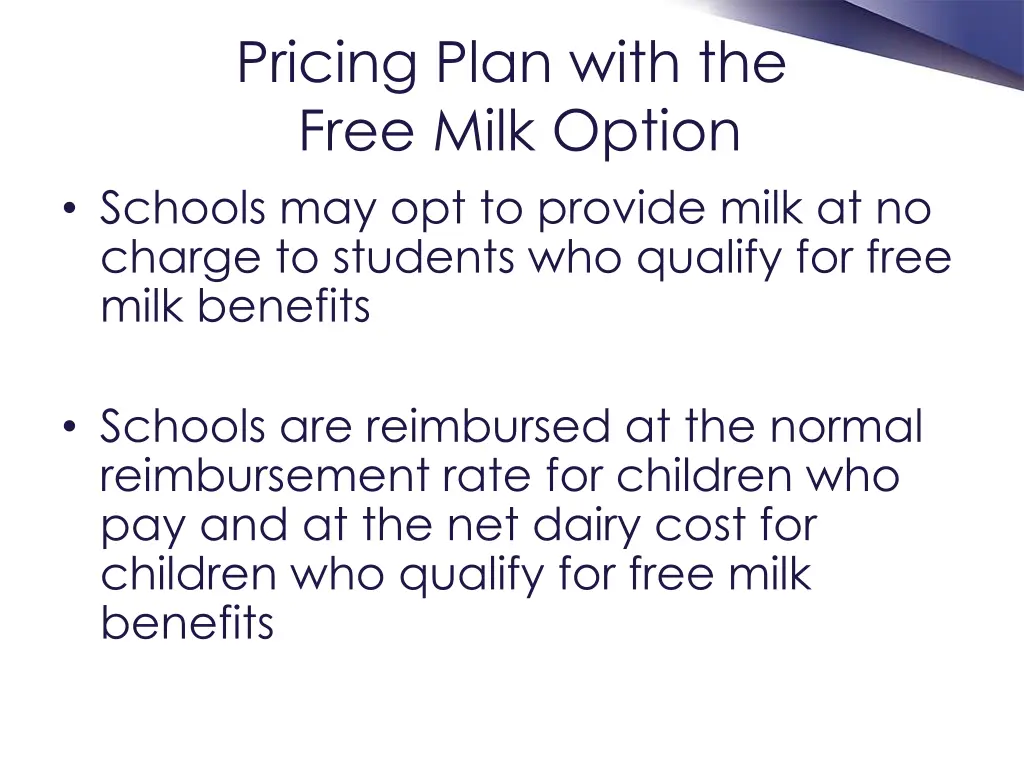 pricing plan with the free milk option schools