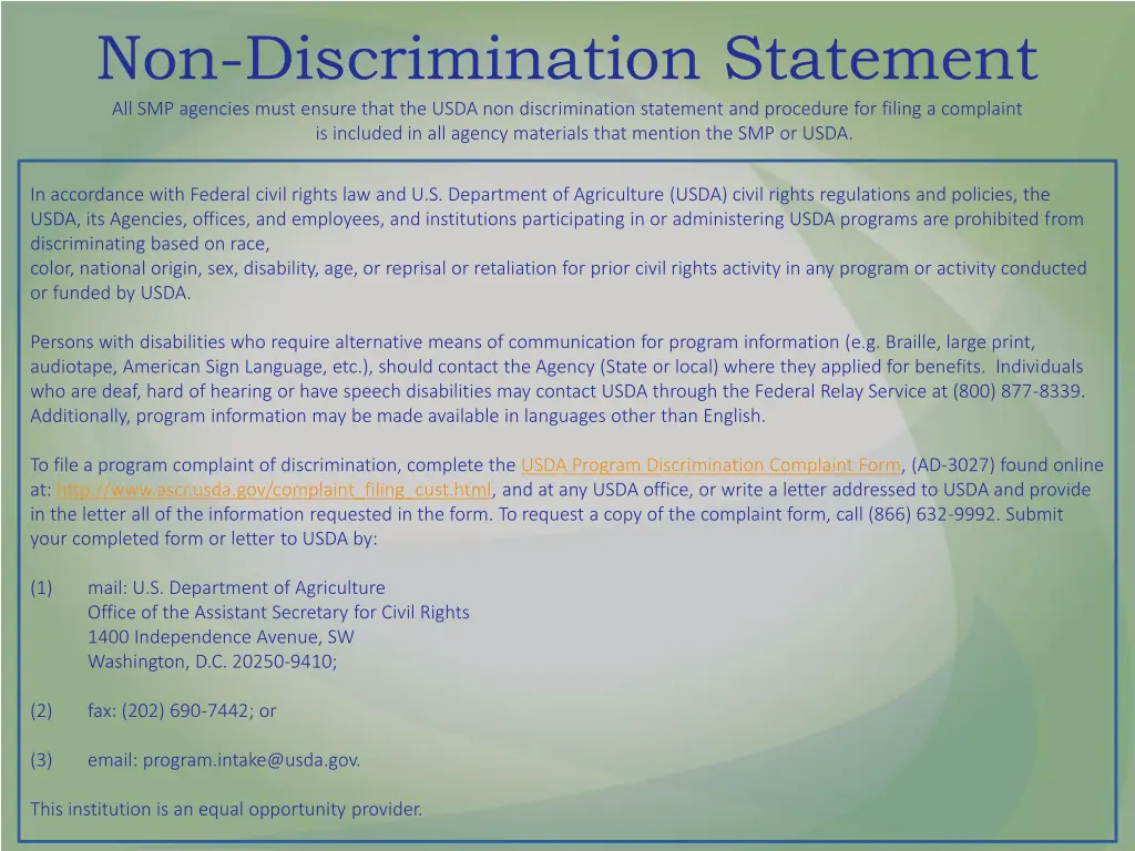 non discrimination statement all smp agencies