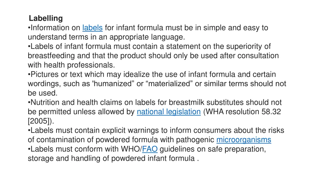 labelling information on labels for infant