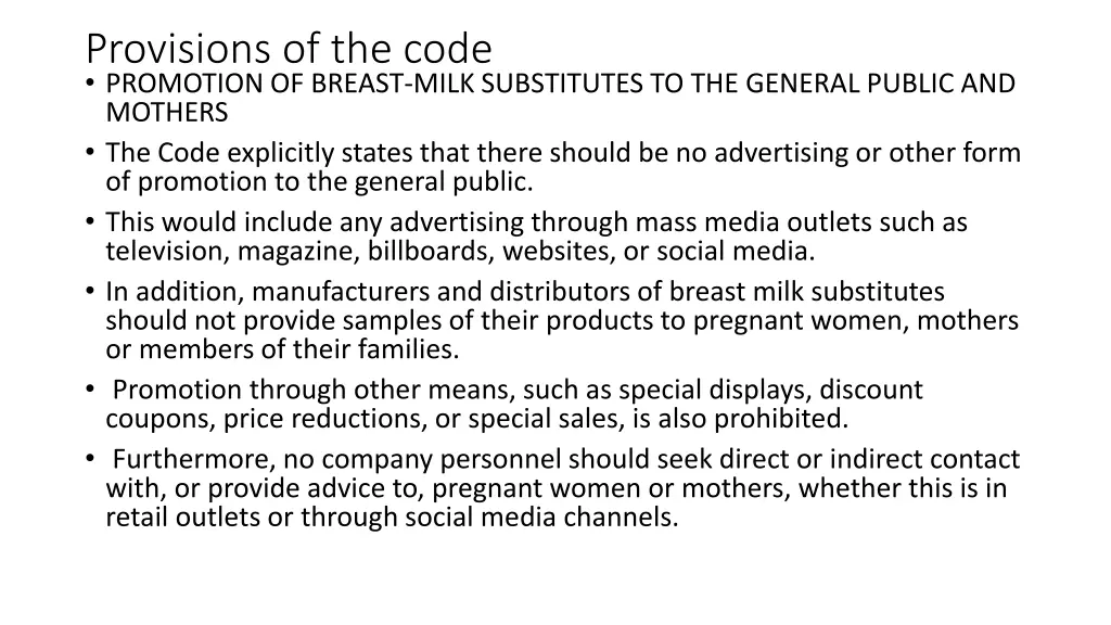 provisions of the code promotion of breast milk