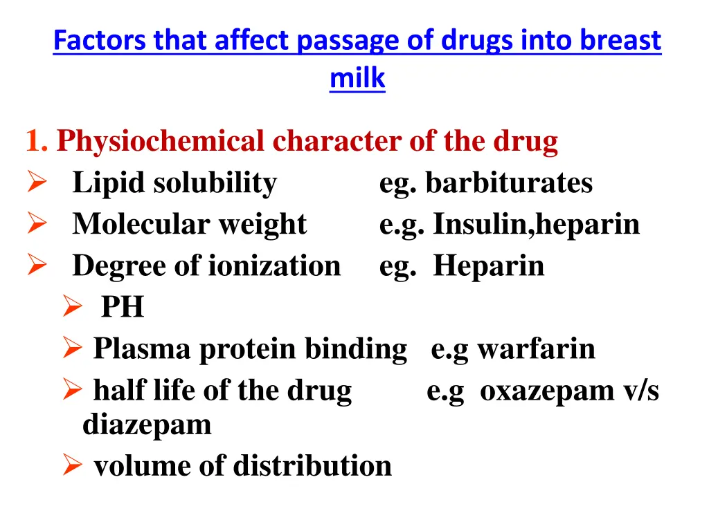 factors that affect passage of drugs into breast