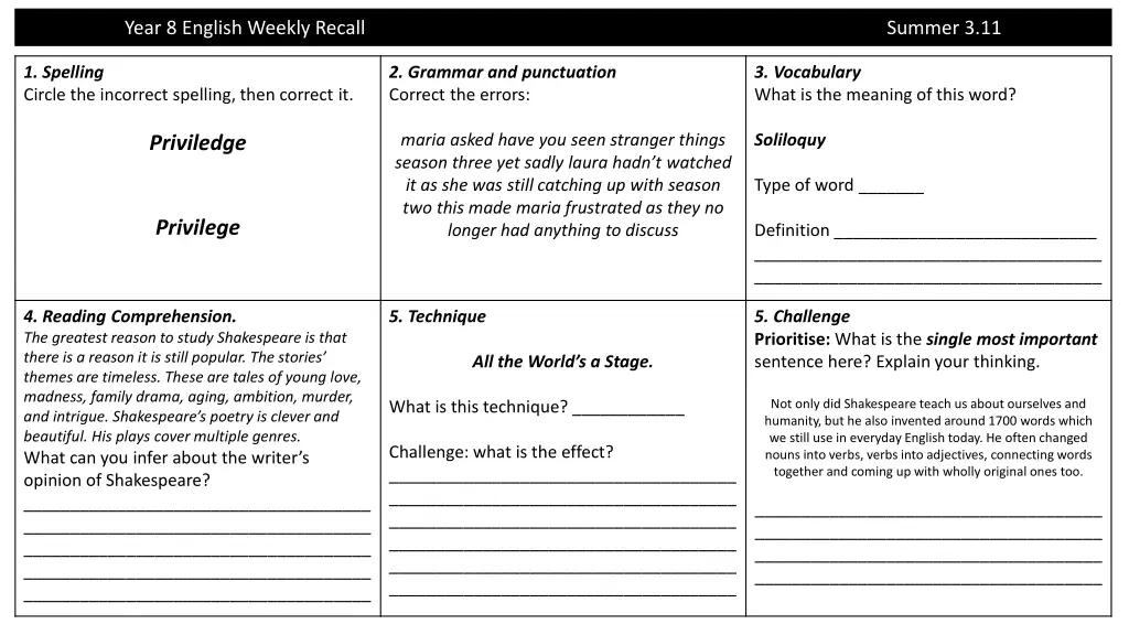 year 8 english weekly recall 10