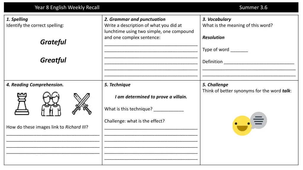 year 8 english weekly recall 5