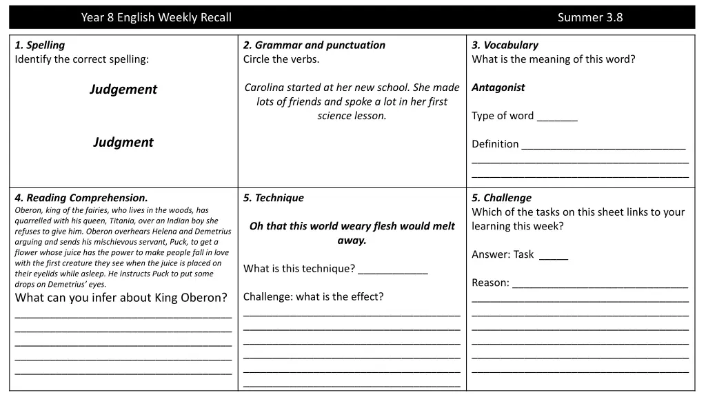 year 8 english weekly recall 7