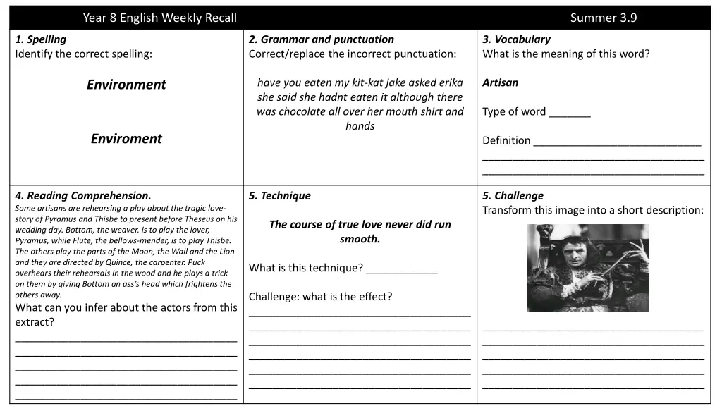 year 8 english weekly recall 8