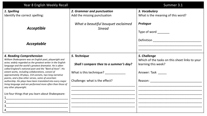 year 8 english weekly recall