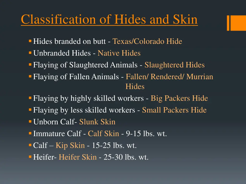 classification of hides and skin